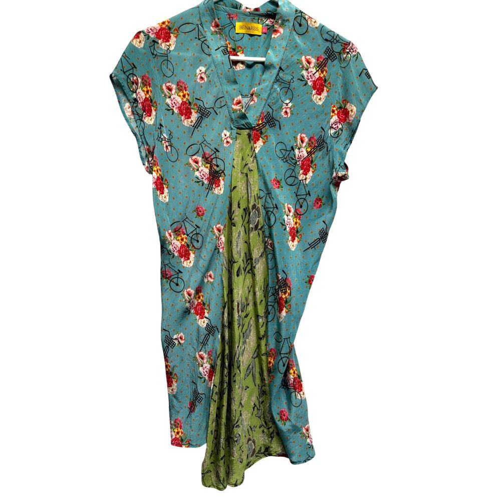 Benares Floral Bicycle Print V-Neck Tunic Dress‎ XL